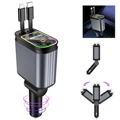 Retractable Car Charger, 4 in 1 Fast Charging Car Charger - color: dark gray(red starry sky light)