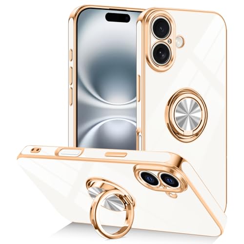 Designed for iPhone 16 Case with Ring Stand Slim White | 360° Rotatable Finger Holder, Support Magnetic Car Mount, Soft TPU Electroplated, Full Lens Protection, Shockproof Phone Case - color: White, size: 6.1'' iPhone 16