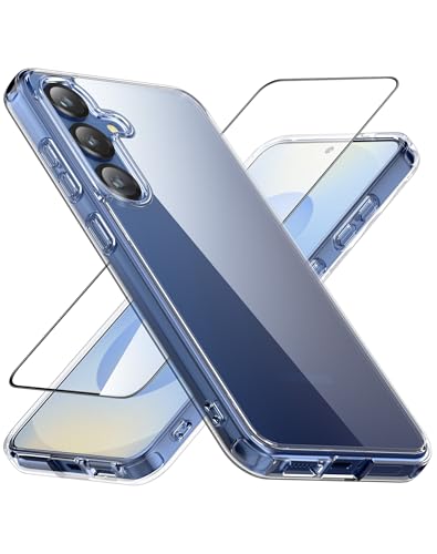 Cresee Thin for Samsung Galaxy S25 Case + Screen Protector Tempered Glass, Clear Phone Case Hard Back + Soft TPU Bumper Hybrid Shockproof Cover for Galaxy S25 - Transparent - color: Transparent, size: Galaxy S25