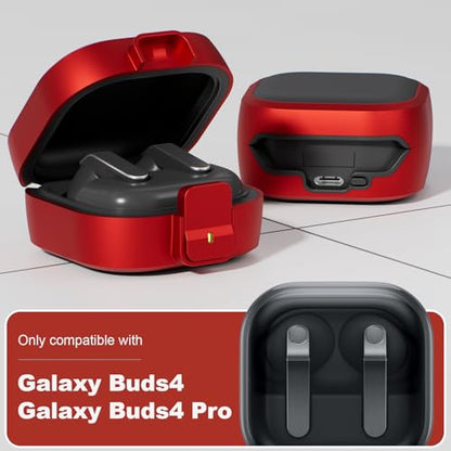 for Samsung Galaxy Buds 4 Pro/Buds 4 Case (2026) with Secure Safety Lock Clip,Shockproof Scratch-Resistant Hybrid PC+TPU Soft Shell Protective Cover Accessories with Carabiner&Cleaning Pen(Red) - color: Red Edge-Black