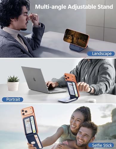 TopMade for MagSafe Wallet with Adjustable Stand, Magnetic Phone Card Holder for iPhone 17/16/15/14/13/12 Series, RFID Blocking Premium Leather, ID Window, Holds 5 Cards, Navy Blue - color: Navy Blue