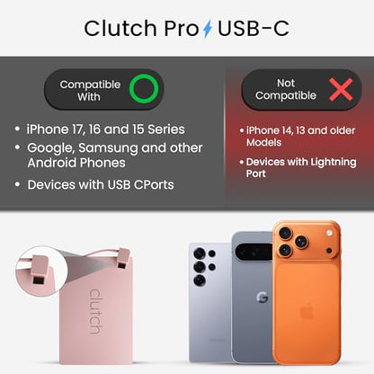 Clutch Pro – World's Thinnest Portable Charger – USB-C Power Bank 5000mAh – Magnetic Built-in Cable – TSA Approved Travel Charger – iPhone 15/16/17 & Android – Pink - color: Pink