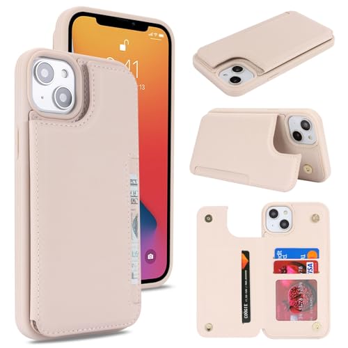 iCoverCase Compatible with iPhone 14 Case with Card Holder, Wallet Case for Women Men RFID Blocking PU Leather Protective Phone Case 6.1 Inch (Beige) - color: Beige