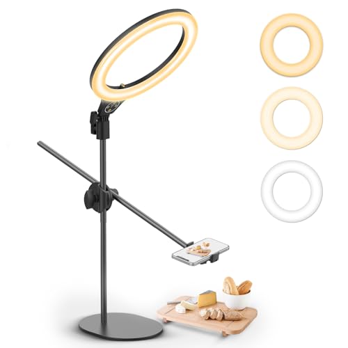 ULANZI [Upgraded Base] Overhead Tripod for Phone with 10 Selfie Ring Light, Phone Stand for Filming 3500k-6500K Dimmable, Ring Light Phone Holder for Video Recording, Live Stream, Portrait，Makeup