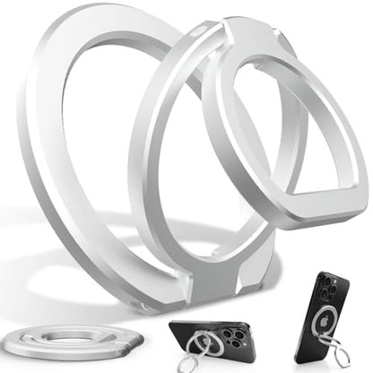 Phone Grip for MagSafe,360°& 180°Rotation Magnetic Phone Ring Holder with Kickstand,Dual-Ring Thin Phone Stand for 17/16/15/14/13/12 Series-Silver - color: Silver