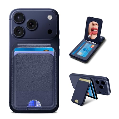 for MagSafe Wallet with Mirror,4 Card Holder RFID Blocking Stand - color: Blue