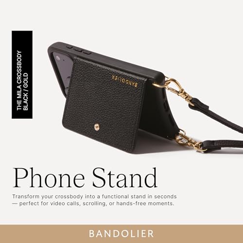 Bandolier Mila Leather Crossbody MagSafe Case iPhone 17 Pro Max- Black/G | Crossbody leather phone case. Built-in card-holder. Adjustable & removable strap. MagSafe Design. Phone drop protection. - color: Black/Gold, size: Iphone 17 Pro