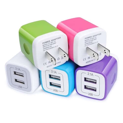 USB Charger Plug,Wall Charger,Charging Block,5Pack 2.1A Portable Power Cube Charger Adapter Compatible for iPhone 17/16/15/14/13/12/11 Pro Max/Xs Max/XR/8/7/6S/6,Samsung Galaxy S25 S24 S23 S22,LG,Moto - color: White,Blue,Green,Rosered,Purple