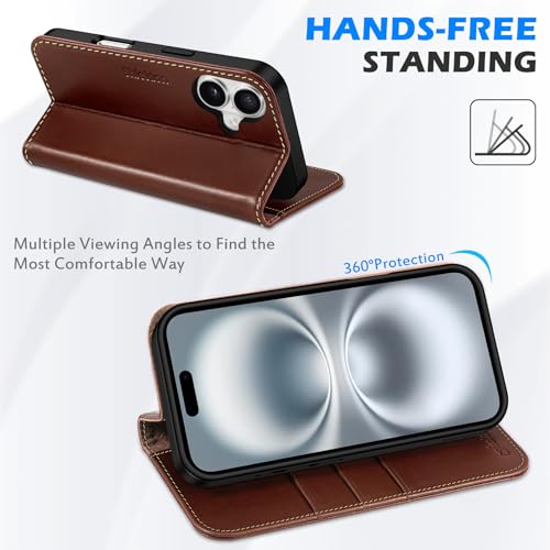 SHIELDON Genuine Leather Flip Wallet Case for iPhone 16 6.1", Retro Coffee | RFID Blocking, Credit Card Holder, Magnetic Closure, Kickstand, Folio Design, Soft Shock-Absorbent Phone Cover - color: Retro Coffee