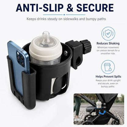 2 in 1 Universal Cup Holder with Phone Mount Tool-Free Clamp On for Stroller Walker Wheelchair Bike Scooter 360 Degree Rotatable Black - color: Black