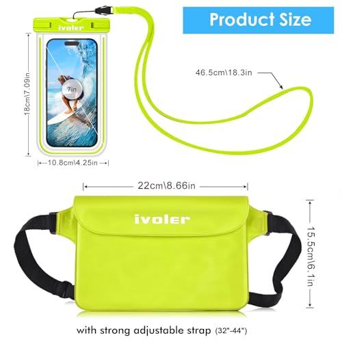 ivoler 2-Pack Waterproof Fanny Pack & Phone Pouch, Dry Bag for Passport, Phone & Wallet, Floating Waterproof Phone Case for Beach, Swimming, Kayaking, Boating, Cruise Essentials & Travel - color: Lime Green & Neon Lime
