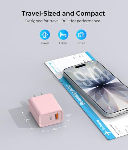 2 Pack USB C Charger Block, 20W USB-C & USB-A Port Charger - color: 2-Pack Pinkish-purple+Ginger Red
