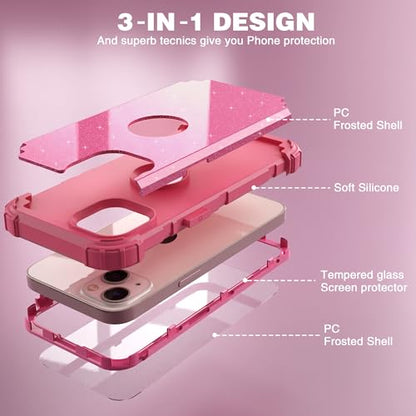 IDweel for iPhone 15 Case with Screen Protector,Luxury 3 in 1 Shockproof Slim Fit Hybrid Heavy Duty Protection Glitter Hard PC Cover Soft Silicone Bumper Full Body Case,Glitter Rose Red - color: Glitter Rose Red
