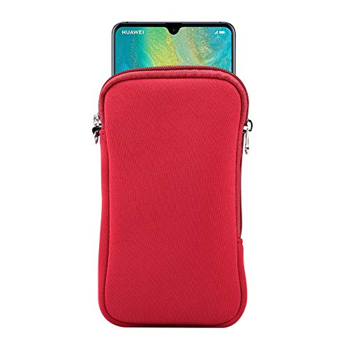 Neoprene Shock Absorbing Proof Pouch Large Cell Phone Sleeve Case Cover w Zipper/Neck Strap for iPhone 14 Plus Samsung Galaxy Note20 Ultra S22 Ultra A13 A03 A23 Moto G Power 2022 LG Stylo 6 (Red)