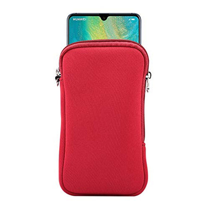 Neoprene Shock Absorbing Proof Pouch Large Cell Phone Sleeve Case Cover w Zipper/Neck Strap for iPhone 14 Plus Samsung Galaxy Note20 Ultra S22 Ultra A13 A03 A23 Moto G Power 2022 LG Stylo 6 (Red)