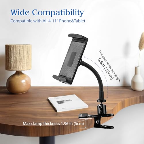 ROCKFREE Clip Tablet Holder for Desk,Sturdy&Adjustable 5.9" Gooseneck Arm