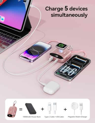 Portable Charger 10000mAh 22.5W Power Bank Built-in 2 Cables Keychain - color: Rose Gold