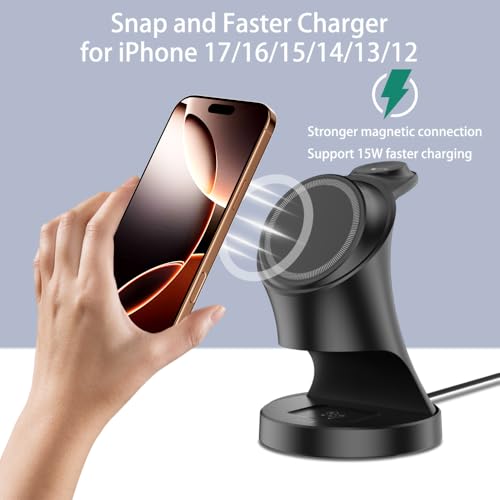 Wireless Charger,3 in 1 Magnetic Wireless Charger Stand, Fast Wireless Charging Dock for iPhone17/16/15/14/13/12 Series, Apple Watch Series, AirPods Pro. - color: Black