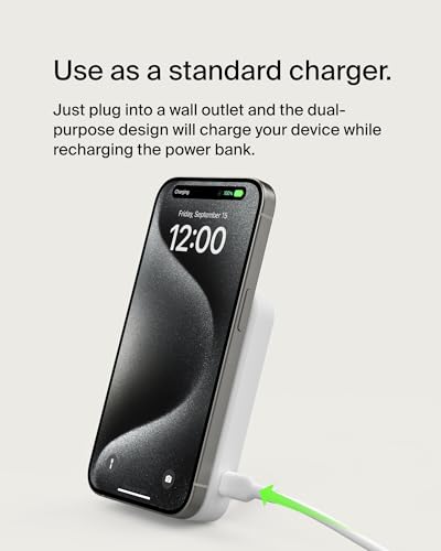 Belkin 8000mAh 15W Qi2 MagSafe Power Bank with Kickstand | Wireless Charging Battery Pack, iPhone 17, Air, Pro, Pro Max, AirPods, Apple Watch, Google Pixel 10, Built-in Stand, Magnetic - color: White, style: 8K mAh