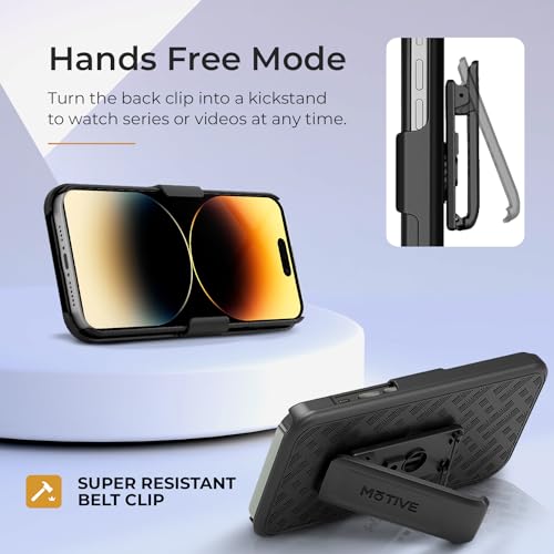 MOTIVE for iPhone 14 Pro Case with Belt Clip, Rigid, Kickstand | 6.1" | Ranger v1 Series, Black, 360° holster, open-top/open-bottom port access, textured grip, slim - size: iPhone 14 Pro