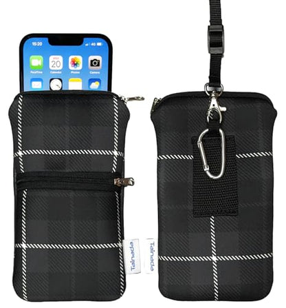 Tainada Dual Zipper Neck Phone Holder Pouch w/Belt Loop (Black Gray Plaid) | For Men/Women; Water-resistant neoprene material, shockproof, lightweight, w/carabiner; Compatible with most of smartphones - color: Black Gray Plaid
