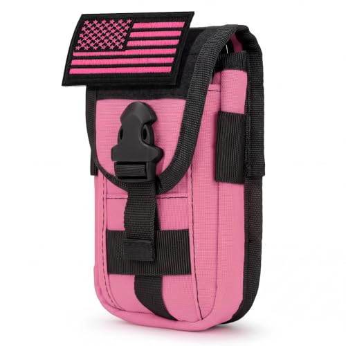 Tactical Phone Holster Pouch, Smartphone Pouch Phone Case Molle Gadget Bag Molle Attachment Belt Holder Waist Bag for 4.7"-6.9" with US Flag Patch for iPhone 17 Pro/16 Pro/15 Pro (Hot Pink) - color: Hot Pink