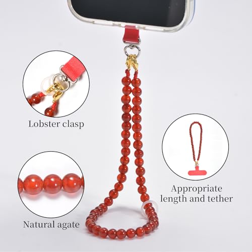 Agate Beaded Phone Wrist Strap for Women Men Stone Beads Charm Handmade Cellphone Chain Lanyard with Tether Tab - color: Red-1, size: 6mm Beads