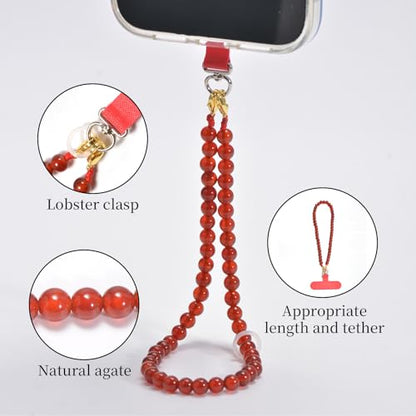 Agate Beaded Phone Wrist Strap for Women Men Stone Beads Charm Handmade Cellphone Chain Lanyard with Tether Tab - color: Red-1, size: 6mm Beads