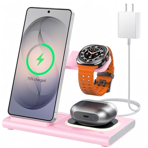 Wireless Charger for Samsung Charging Station, Foldable & Nightlight - color: pink