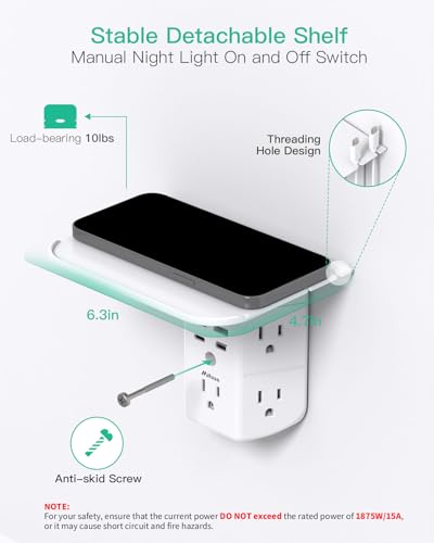 Mifaso Outlet Extender with Shelf and Night Light, 1800J Surge Protector - color: White, size: 2C2A
