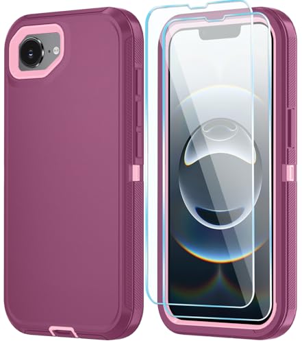 Phone Case for iPhone 16e Case & iPhone 17e Case with HD Screen Protector, Heavy Duty Shockproof & DustProof & 3-Layer Cover Phone Case for iPhone 16e/17e,WineRedPink - color: WineRedPink