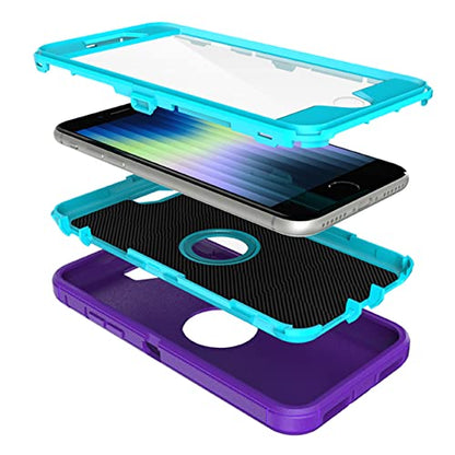 MXX Case Designed for iPhone SE Case 2020/2022 Heavy Duty Protective with Screen Protector [3 Layers] Rugged Rubber Protection Cover & Rotating 360 Degree Belt Clip SE 3rd/2nd Gen(Purple/Light Blue) - color: Purple/Light Blue