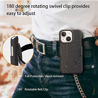 for iPhone 14/13 Belt Clip Holster Case, Screen Protector-Black | Swivel Kickstand Holder, Slim Shell Slide Pouch Full Body Protective, Rugged Heavy Duty Shockproof Outdoor Cell Phone Cover - size: iPhone 14