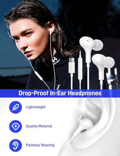 USB C Headphones for Apple/iPhone Duo 18 17 16 15 Wired Earbuds with Case - color: White