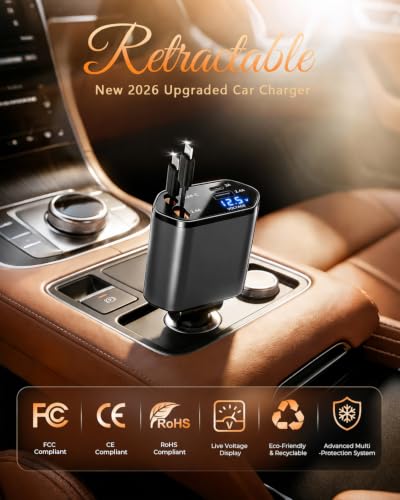 4 in 1 Retractable Car Charger, USB C Fast Charging Adapter, Gray - color: Gray