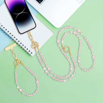 Crystal Phone Strap Crossbody and Wrist Lanyard, Anti Theft Layered & Wrist Strap Cell Phone Neck for Women - color: Pink Beaded