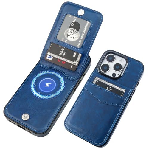 KIHUWEY for iPhone 16 Pro Wallet Case Card Holder for MagSafe, Blue | Wireless Charging, RFID, Flip PU Leather, Magnetic Clasp, Hands-Free Viewing Kickstand, Heavy Duty Protective Cover - color: Magsafe for Blue