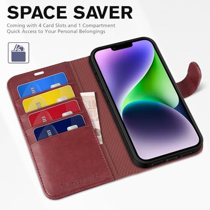 TUCCH Case Wallet for iPhone 14 (6.1") 2022, RFID Blocking Folio, Dark Red | 4 Card Holders, Kickstand, PU Leather, Magnetic Closure, Shockproof TPU Shell, Protective Flip Cover - color: Dark Red