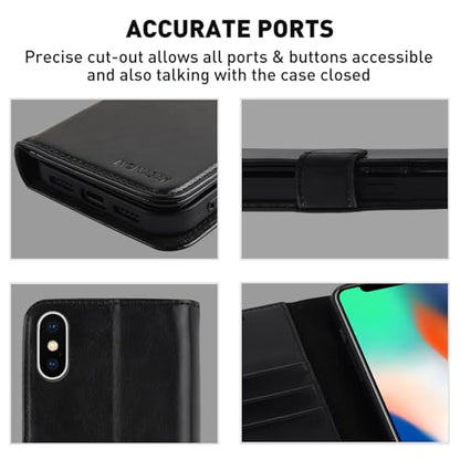MONASAY Wallet Case for iPhone X/Xs with 3 Card Holders - Black | Kickstand,RFID Blocking,6.6 feet of shock absorption,PU Leather,Strong Magnetic Closure,Fits 5.8 inch ONLY,screen Protector - color: Black