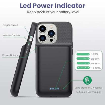 Battery Case for iPhone 13/13 Pro/14, [2025 Upgraded] 7500mAh Slim Portable Smart Charging Case Rechargeable Protective Extended Charging Cover for iPhone 13/13 Pro/14 Battery Pack (6.1 Inch), Black