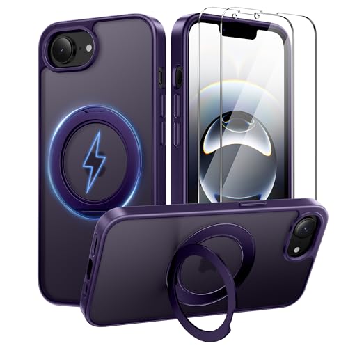 360°Ring Stand for iPhone 16E/17E Case with 2X Screen Protector,Fit for MagSafe, Anti-Yellowing & Scratch-Resistant Back Phone Case for iPhone 16E/17E 6.1", Purple - color: Purple Stand, size: iPhone 16E/17E