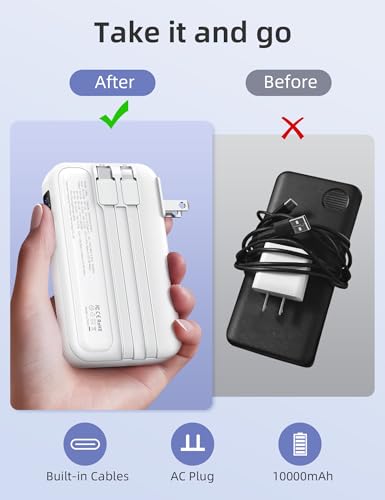 RORRY Portable Charger 3 in 1 with Wall Plug 10000mAh Power Bank for iPhone - color: White