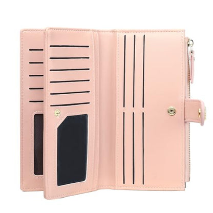 GAEKEAO Womens Wallet RFID Blocking Trifold Large Capacity Ladies Vegan Leather Wallet Floral Multi Card Holder Organizer - color: Y05-Pink