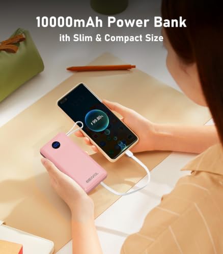 Portable Charger Built in 4 Cables, 10000mAh Power Bank, Pink - color: Pink