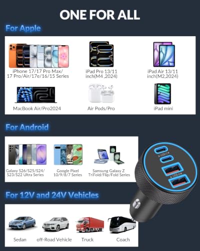 2 Pack Car Charger USB C, 4 in 1 90W Fast Charging 4-Port Car Phone Charger - style: 2 Pack