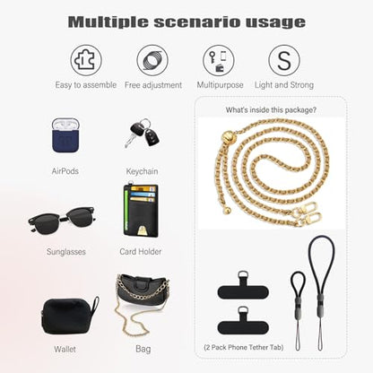 BFSD·DM Phone crossbody strap, 2× Pads,1× Leather Phone Strap,1× Phone Wrist Strap,1× Adjustable Finger Strap,Universal Crossbody Patch Phone Lanyards,Compatible with Most Smart, phone lanyard(brown) - color: Gold/Brown-adjustable