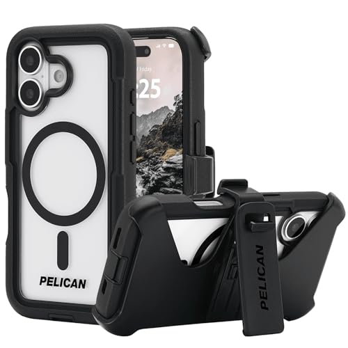 Pelican Voyager iPhone 17 Case - Rugged MagSafe Phone Case - Black/Clear | Magnetic Phone Case w/24ft Military Grade Drop Protection - Phone Cover w/ Belt Clip Holster Kickstand for iPhone 17 - color: Black/Clear, style: iPhone 17