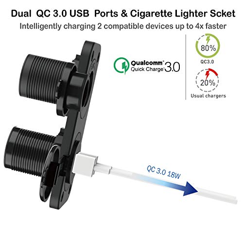 QC 3.0 USB Outlet 12V Boat Marine Waterproof Cigarette Lighter Socket Splitter 12 Volt DC Power Charger Adapter DIY Kit with Blue LED Dual USB Ports for Rocker Switch Panel on Car RV Golf Cart ATV