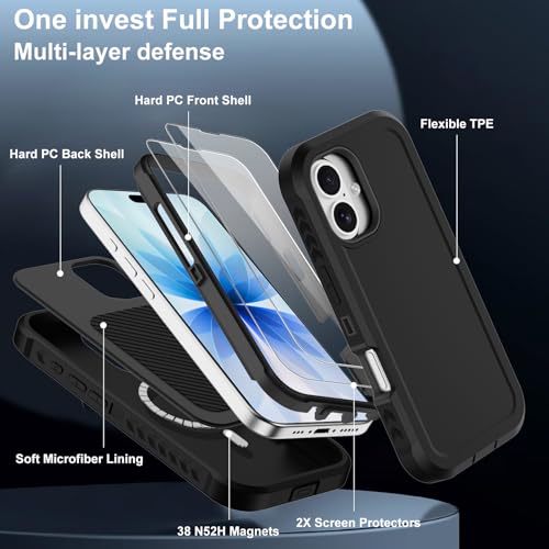 for iPhone 17 Case [Compatible with MagSafe] Heavy Duty Military-Grade Shockproof,Anti-Slip 3-Layer Rugged Drop Protection with Screen Protector,Anti-Scratch Magnetic Phone Cover for Apple 17 (Black) - color: Black-m