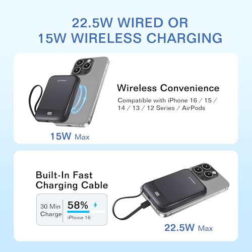 Magnetic Power Bank 10000mAh, Wireless Portable Charger with 15W Max Fast Charging & Built-in USB-C Cable, 22.5W PD LED Display Battery Pack Compatible with iPhone 17/16/15, Samsung Galaxy - color: Black